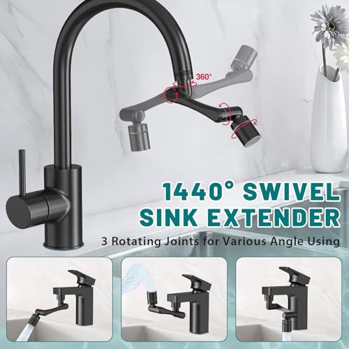 CECEFIN 1440 Swivel Faucet Extender for Kitchen/Bathroom Sink, NSF/ANSI 372 | Black Tap Aerator Extension, 1080° Large-Angle Splash, 2-Water Outlet Spray, Rotating Robotic Arm, Wash Hand/Face - color: B- Black- Swivel Faucet Aerator