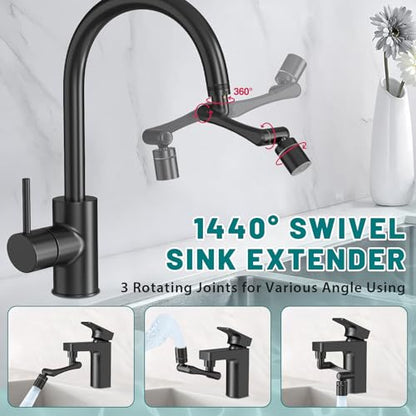 CECEFIN 1440 Swivel Faucet Extender for Kitchen/Bathroom Sink, NSF/ANSI 372 | Black Tap Aerator Extension, 1080° Large-Angle Splash, 2-Water Outlet Spray, Rotating Robotic Arm, Wash Hand/Face - color: B- Black- Swivel Faucet Aerator