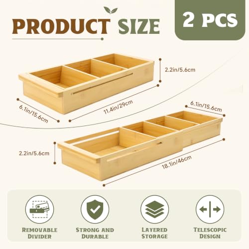 Yookeer 2 Pcs Expandable Drawer Organizer Adjustable Hanging Deep Drawer 11.4'' to 18.1'' Bamboo Wood Dividers Storage Tray for Desk Kitchen Bedroom Bathroom Office Supplies