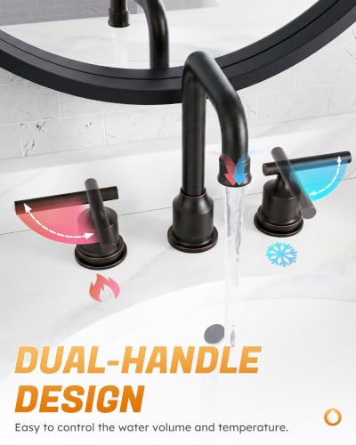 WOWOW Bronze Bathroom Faucet 3 Hole, Widespread Vanity Sink Faucets 8 Inch | Copper Inlet Oil Rubbed Bronze Faucet for Bathroom Sink with Swivel Spout, 2 Handles Lavatory Tap with Drain and Supply Line - color: Oil Rubbed Bronze, style: Upgrade-8 Inch
