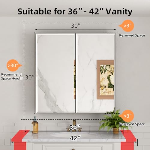 30x30 Inch Medicine Cabinet with Beveled Mirror, Aluminum Medicine Cabinet | Double Side Mirror Door, Adjustable Shelves, Soft-close Hinge, Surface or Recessed Mount Bathroom Mirrors with Storage - size: 30 in. x 30 in.