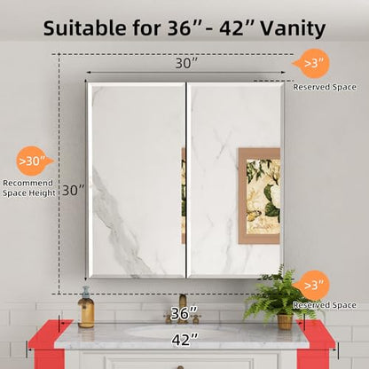 30x30 Inch Medicine Cabinet with Beveled Mirror, Aluminum Medicine Cabinet | Double Side Mirror Door, Adjustable Shelves, Soft-close Hinge, Surface or Recessed Mount Bathroom Mirrors with Storage - size: 30 in. x 30 in.