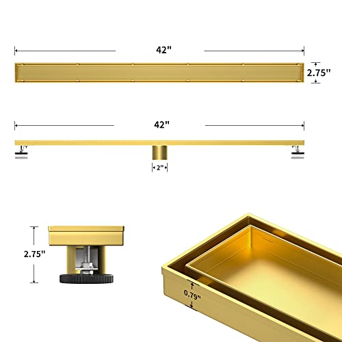 Linear Shower Drain, 304 Stainless Steel Floor Drain 42" | with Tiled Insert Grate & Hair Strainer, Bathroom 2-in-1 Tiled in Drain, CUPC Certified - color: Brushed Gold, size: 42''