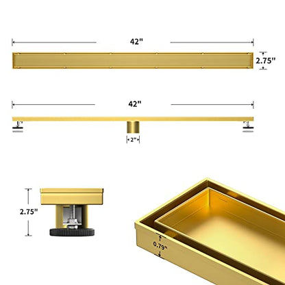 Linear Shower Drain, 304 Stainless Steel Floor Drain 42" | with Tiled Insert Grate & Hair Strainer, Bathroom 2-in-1 Tiled in Drain, CUPC Certified - color: Brushed Gold, size: 42''
