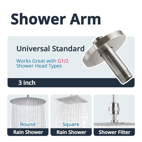 Straight Shower Arm with Flange, Ceiling Mount 3 Inches Rain Shower Head Arm Extension Replacement with Anti-Scratch Escutcheon Plate, DOLGABA Brushed Nickel - color: Round Brushed Nickel 3 Inch