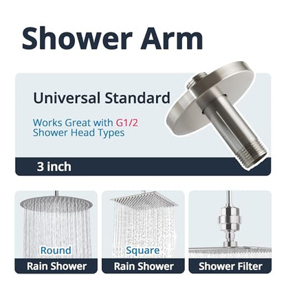 Straight Shower Arm with Flange, Ceiling Mount 3 Inches Rain Shower Head Arm Extension Replacement with Anti-Scratch Escutcheon Plate, DOLGABA Brushed Nickel - color: Round Brushed Nickel 3 Inch