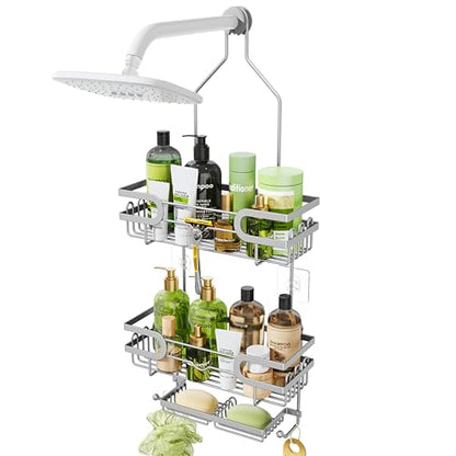 HapiRm Bathroom Hanging Shower Caddy - Rustproof Shower Shelf with 12 Hooks and 2 Soap Holders, No Drilling Bathroom Organizers and Storage - Silver - color: Silver(Large)