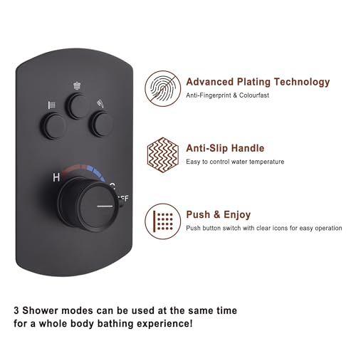 MONDAWE 12 Inch Ceiling Mounted Black Shower System, Dual Rainfall Shower Head & High Pressure Handheld Spray Combo, 3-Function Luxury Shower Faucet Set for Bathroom, All Functions Work Simultaneously - color: Matte Black