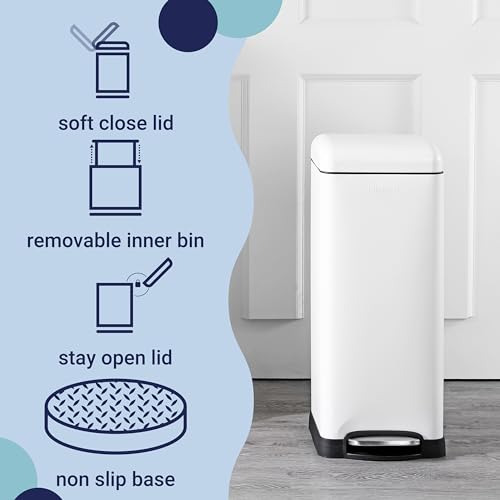 happimess Betty 8 Gal Step Trash Can Soft-Close Lid, Cotton White | Fingerprint Resistant, Removable Liner, Semi-Rectangular, Steel Pedal, Iron Powder Coated, 27" Height, Non-Skid Base - color: White