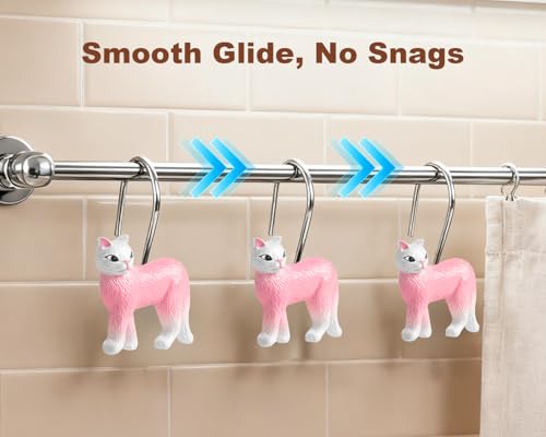 Pink Cat Shower Curtain Hooks Set of 12, Hand-Painted Resin Cat Shower Hooks with Rust-Resistant Metal Rings, Cute Bathroom Accessories - color: Pink