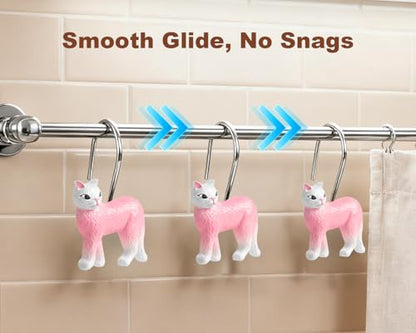 Pink Cat Shower Curtain Hooks Set of 12, Hand-Painted Resin Cat Shower Hooks with Rust-Resistant Metal Rings, Cute Bathroom Accessories - color: Pink