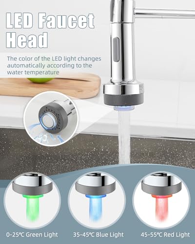 Kitchen Faucet with LED Light, Chrome Faucet with Soap Dispenser, Faucet for Kitchen Sink, Single Handle Stainless Steel Kitchen Sink Faucets with Pull Down Sprayer, Camper Farmhouse RV - color: E-Chrome Polished, style: Rustic