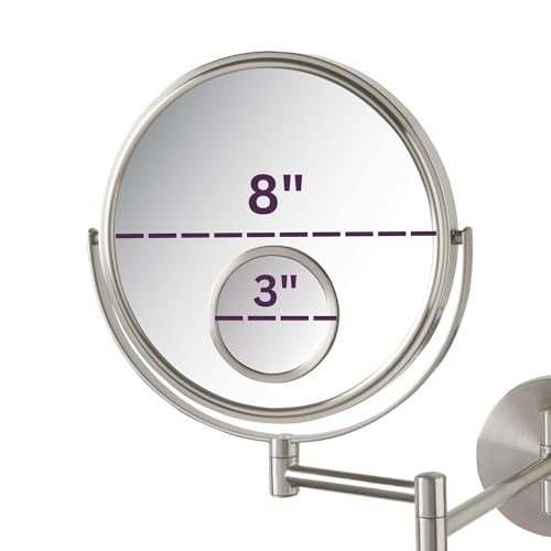 JERDON Wall-Mounted Makeup Mirror - 10X Magnification - Nickel - JP7510N | 8" Round Frame, 15X Spot Mirror, 10" Wall Extension