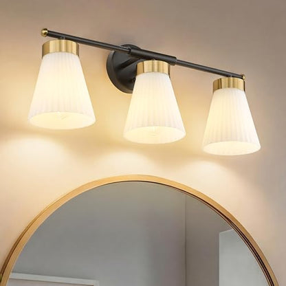 Bathroom Vanity Light, HWH 3-Light Wall Light Fixture for Bathroom Bedroom, Black and Gold Vanity Lights with Frosted Milk White Striped Glass, 5HZG97B-3W BK+BG - color: Black and Gold, size: 3-Light