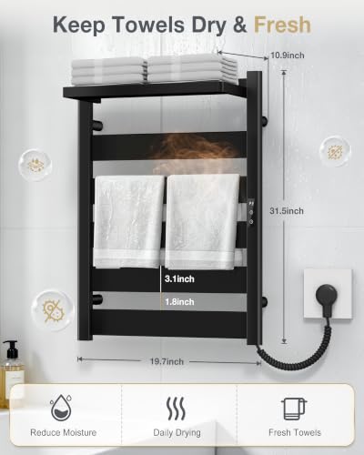 6-Bar Wall Mounted Heated Towel Rack, 170°F Heating Black | Bathroom Towel Warmer with Top Shelf, Memory Function, Adjustable 110–170°F Temperature, 2–12H Timer, Space Saving Design - color: Black, size: ZW 6-Bars