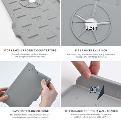 Kitchen Sink Splash Guard - Silicone Faucet Mat for Kitchen Sink Light Gray | Water catcher mat, Sink drain pad behind faucet, Sink rubber mat around faucet guard & draining mat, bathroom sink protector - color: Light Gray