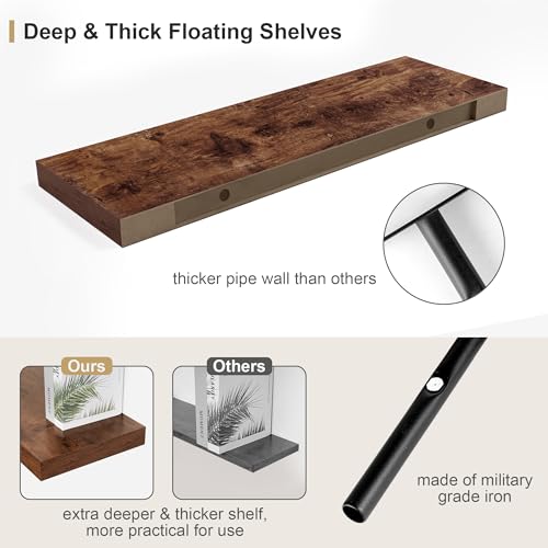 Heimlove 12" Deep Rustic Brown Floating Shelves,Over Toilet Long Wall Mounted Modern Farmhouse 36 inches,Wall Shelves with Invisible Brackets for Bedroom, Bathroom, Living Room, Kitchen, Set of 1 - color: Rustic Brown, size: 35.4"W x 11.6"D x 2"H, 1 Pack