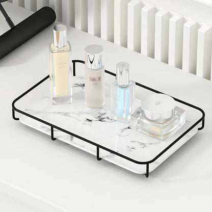 Dobbyby Vanity Tray Makeup Organizer Cosmetics Storage Bathroom Skincare Organizer Countertop Display Rack in Dresser Stainless Steel Shelf Marble Print Ceramic Trays - color: 1 Tier-black