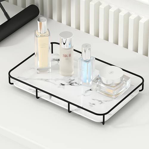 Dobbyby Vanity Tray Makeup Organizer Cosmetics Storage Bathroom Skincare Organizer Countertop Display Rack in Dresser Stainless Steel Shelf Marble Print Ceramic Trays - color: 1 Tier-black
