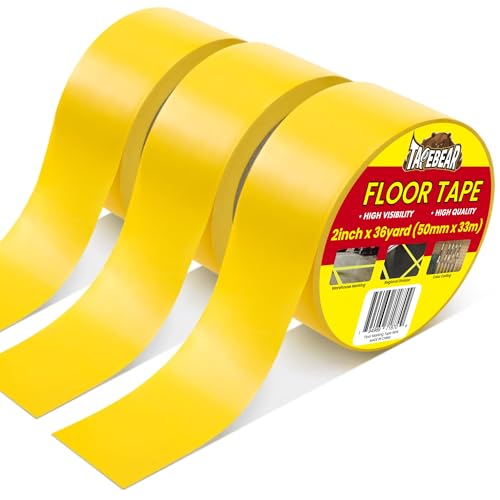 TAPEBEAR Floor Tape Yellow Vinyl Tape 2" x 36 yds Safety Warning Stripe | Floor Caution Marking Dance Splicing Tape Abrasion-Proof Waterproof for Gym, Warehouse, Traffic Signage, Color Coding, 3Rolls - color: Yellow, size: 3Rolls/2" x 36Yards