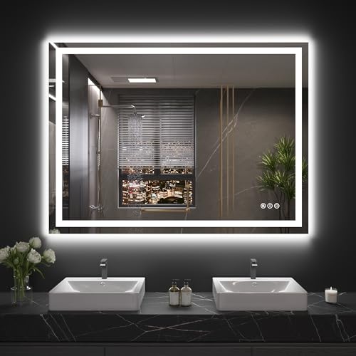 Snowdool 48 x 32 in LED Bathroom Mirror, Front and Backlit, Anti-Fog | Front and Backlit, 3 Color Temperatures, Anti-Fog, Tempered Glass - size: 32"L x 48"W