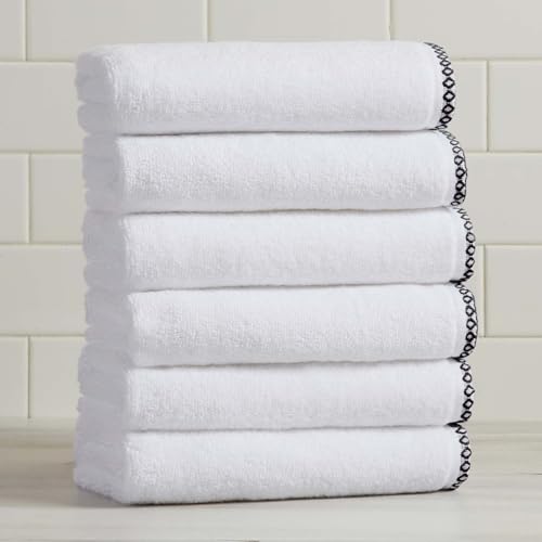 Great Bay Home Black/White Hand Towel Set - Ultra-Soft Cotton, Boho-Chic Border Design - 6 Hand Towels (28" x 16") - Absorbent, Quick-Dry, Lightweight Bathroom Towels - color: White / Black, size: Hand Towel (Pack of 6)