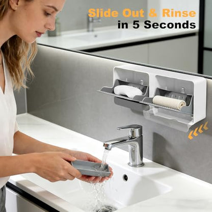 Strong Adhesive Hook Wall-Mounted Soap Dish Holder, 2-Layer Draining Tray with Removable Container, Keeps Soap Dry for Bathroom, Shower, Sink, Kitchen- Space Saver (1-Pack Grey-Dual Compartment) - color: 1-pk Grey-dual Compartment