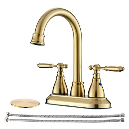 Brushed Gold Bathroom Faucet with Pop-up Drain Assembly, 2 Handles Centerset Bathroom Sink Faucet 4 Inch with 360° Swivel Spout, Stainless Steel Faucet for Vanity Sink with Water Supply Lines - color: Brushed Gold, size: 4 Inch