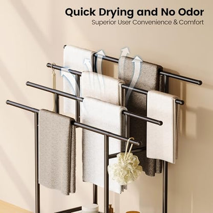 Homeiju Expandable Free Standing Towel Rack for Bathroom, 4 Tier Blanket Rack, Adjustable Blanket Holder for Bathroom, Towel Drying Rack Stand for Outdoor, Poolside, Black