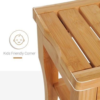 Long Bamboo Shower Bench Seat, 20" Wooden Shower Stool with Underneath Storage Shelf Shoe Organizer