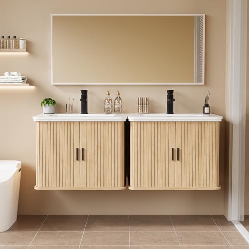 24 Inch Floating Bathroom Vanity with Sink, Wall Mounted Bath Vanity Combo with Fluted Sliding Doors, Small Space Bathroom Cabinet with Ceramic Vessel Sink, Faucet & Drain Included (Natural Oak)