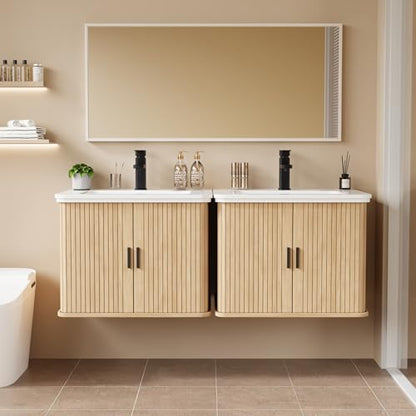 24 Inch Floating Bathroom Vanity with Sink, Wall Mounted Bath Vanity Combo with Fluted Sliding Doors, Small Space Bathroom Cabinet with Ceramic Vessel Sink, Faucet & Drain Included (Natural Oak)