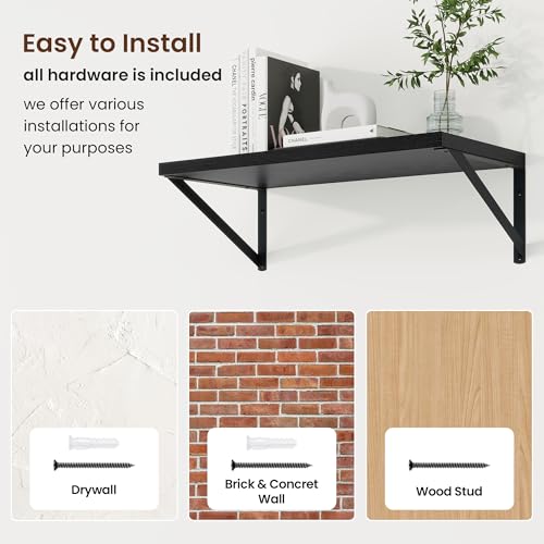 20 Inch Floating Shelves, 10 Inch Deep Black Wall Shelves Set of 2 | 20'' x 10'' Rustic Wood Shelves with Heavy Duty Brackets, Deep Shelves for Bathroom, Living Room, Engineered Wood, 35LBS - color: Black, size: 20W x 10D