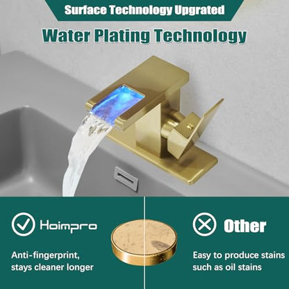 Hoimpro LED Bathroom Faucet 1 Hole, Single Handle Sink Faucets Brushed Gold | Waterfall Widespread Faucet, 3 Colors Light Changing, with Pop-up Drain & cUPC Supply Lines, for Sink Vanity RV Restroom - color: Brushed Gold