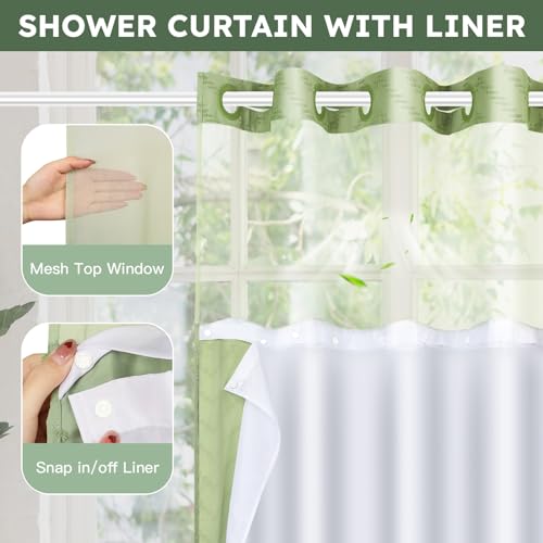 FADOTY Green No Hook Shower Curtain Set with Snap in Liner, 71'' x 74'' | Bathroom Hotel Fabric Curtain, Waterproof Washable Liner, See Through Top Window, Ringless Chevron Tufted Cloth Curtain - color: Sage Green, size: 71"W x 74"L (Pack of 1)