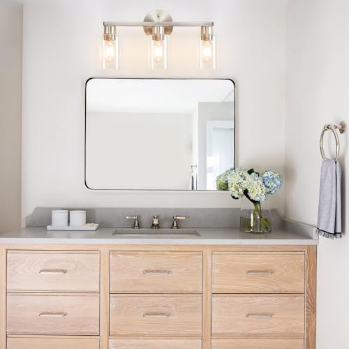 Bathroom Light Fixtures 3-Light Bathroom Vanity Light Brushed Nickel | Stainless steel body, Clear glass shade, E26 scoket, Anti-rust, Easy to install, Vanity lighting fixtures, Over mirror, 18 in - color: Brushed Nickel, size: 3 Light