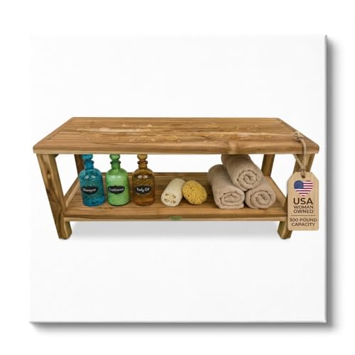 EcoDecors Eleganto 30 Inch Natural Color Waterproof Teak Wood Shower Bench Stool Seat Chair For Inside Shower Provides Safety, Storage, and Organization For Bathroom Accessories - color: Natural, size: 30 in Wide