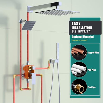 Enga Shower Faucet Set Shower System, Dual Shower Heads 10'' Rainfall with 6'' Wall Shower Head, 2 in 1 Handheld Spray with Valve Kit, Chrome - color: Chrome, style: Wall-10"+6" Head