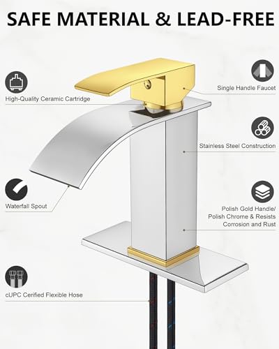 Midanya Waterfall Bathroom Faucet 1 Hole,Polish Gold Handle/Polish Chrome | with 24” Hoses,Pop Up Drain,6” Deck Plate,for 1 or 3 Hole Vanity,Lavatory,RV,Single Handle Bathroom Sink Faucet,NSF Certified - color: Bright Gold Handle/Chrome