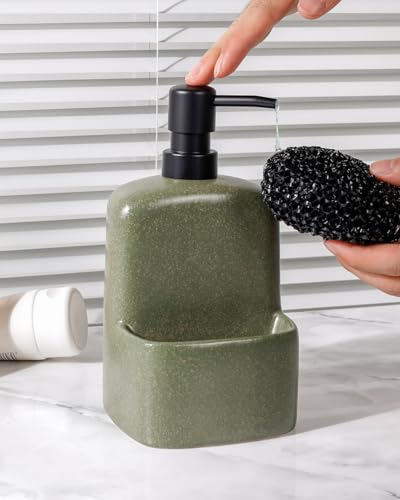 BosilunLife Dish Soap Dispenser - Matte Green Ceramic Kitchen Soap Dispenser with Sponge Holder Matte Ceramic Soap Daddy Dispenser 20oz for Kitchen Soap Pump and Sponges Caddy - color: Matte Green