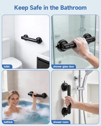 Suction Shower Handle, 2 Pack Grab Bars for Shower and Bathroom, Removable Safety Grip No Drilling & Waterproof, Heavy Duty Suction Cup Bath Handrails Grab Bars for Bathtubs, 11 inch - Black - color: Black
