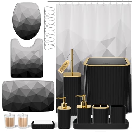 XLHOMO Bathroom Accessory Set - 26PC Bathroom Shower Curtain and Rug Set, Bathroom Accessories Set, Black Bathroom Set with Trash Can, Toilet Brush, Qtip Holder & Soap Dispenser - style: Black