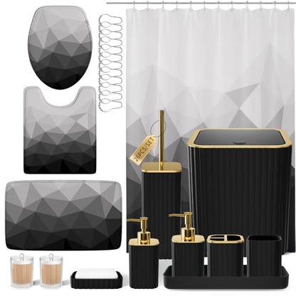 XLHOMO Bathroom Accessory Set - 26PC Bathroom Shower Curtain and Rug Set, Bathroom Accessories Set, Black Bathroom Set with Trash Can, Toilet Brush, Qtip Holder & Soap Dispenser - style: Black