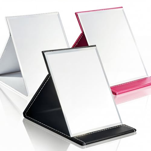 Goaste 3 Pack Portable Folding Makeup Mirror with Stand, 8x6 Inches PU Leather Travel Vanity Mirror, Adjustable Office Tabletop Mirror for Cosmetics Personal Beauty, Assorted Colors