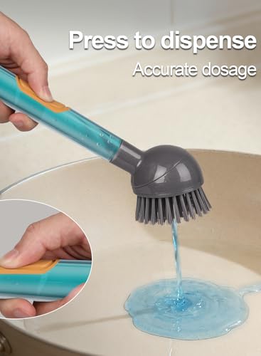 Soap Dispensing Dish Brush with Handle, 360° Rotating Head, 5-Piece Kitchen Cleaning Set (2 Brush Heads & 3 Sponges), Non-Scratch Scrubber for Pot, Pan, Sink, Leak-Proof Dishwand, Grey - color: Gray