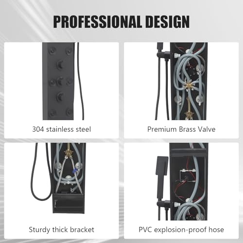 6-in-1 LED Shower Panel Tower System with 8 Adjustable Body Jets, Rainfall & Waterfall Shower, Smart Temperature Display, 59" Hose, Brushed Gold Stainless Steel, Wall Mounted (Black) - color: Black