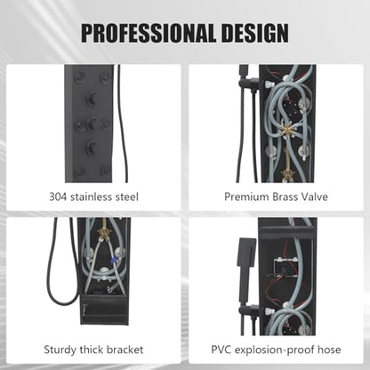 6-in-1 LED Shower Panel Tower System with 8 Adjustable Body Jets, Rainfall & Waterfall Shower, Smart Temperature Display, 59" Hose, Brushed Gold Stainless Steel, Wall Mounted (Black) - color: Black