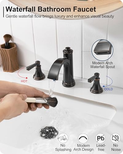 Waterfall Bathroom Faucet 3 Hole, 4-16 Inch Oil Rubbed Bronze Bathroom Faucet, Brass Bathroom Sink Faucet, 2 Handle Bathroom Faucets, Bathroom Vanity Faucet with Pop-Up Drain, Water Hoses - color: Oil Rubbed Bronze