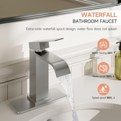 Brushed Nickel Bathroom Faucets Evolvegoods Modern Waterfall Faucet | Single Handle 1 or 3 Hole Bathroom Sink Faucet RV Mixer Tap Vanity Faucet with Deck Plate Pop-up Drain and Supply Lines - color: Brushed Nickel