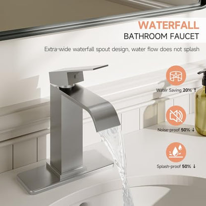 Brushed Nickel Bathroom Faucets Evolvegoods Modern Waterfall Faucet | Single Handle 1 or 3 Hole Bathroom Sink Faucet RV Mixer Tap Vanity Faucet with Deck Plate Pop-up Drain and Supply Lines - color: Brushed Nickel